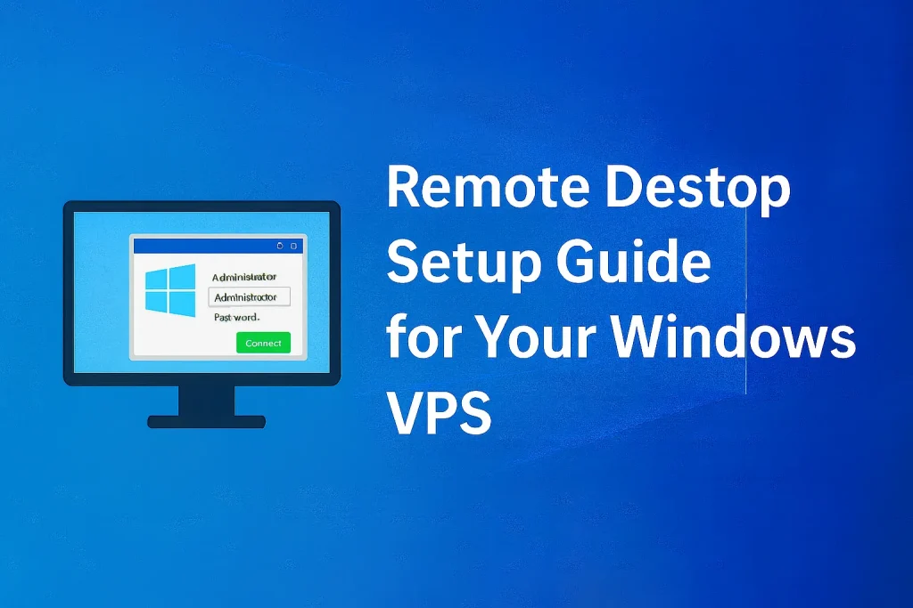 Windows VPS Remote Desktop setup guide illustration with login screen and connection steps