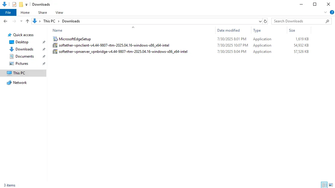 SoftEther VPN Clientインストーラをダウンロードフォルダから実行する画