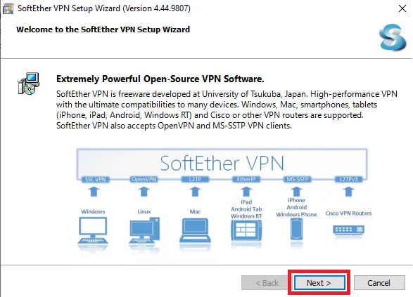 SoftEther VPNセットアップウィザードの開始画面でNextをクリックする画面