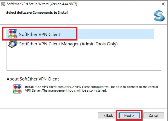 SoftEther VPN Clientのインストールコンポーネントを選択する画面