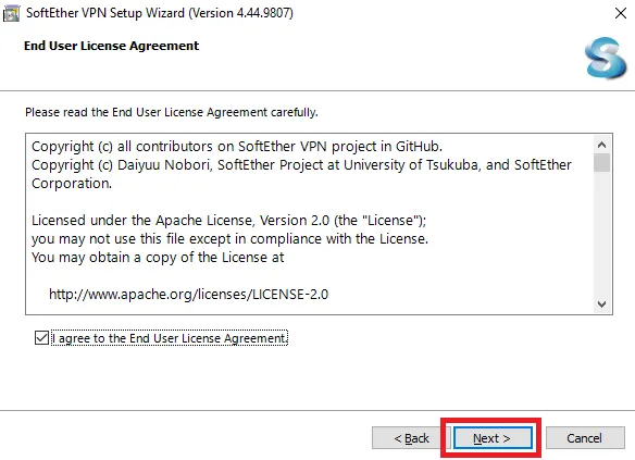 SoftEther VPN Clientのエンドユーザーライセンスに同意する画面