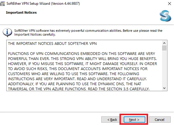 SoftEther VPN Clientの重要事項を確認してNextをクリックする画面