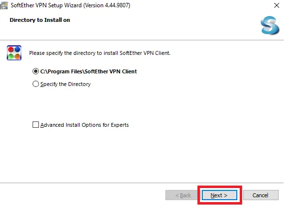 SoftEther VPN Clientのインストール先ディレクトリを指定する画面