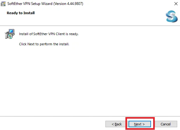 Reviewing the SoftEther VPN Client installation settings before installation