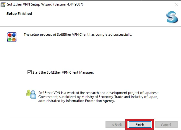 SoftEther VPN Clientのインストール完了画面でFinishをクリックする画面