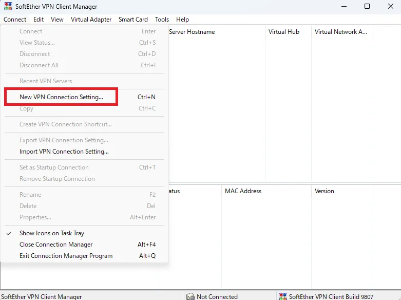 SoftEther VPN Client ManagerでNew VPN Connection Settingを選択する画面