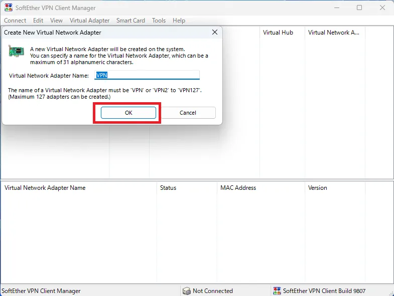SoftEther VPN Client ManagerでVirtual Network AdapterをVPNとして作成する画面