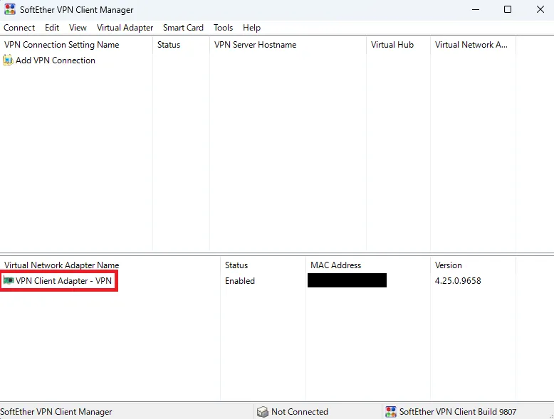 SoftEther VPN Client ManagerにVPN Client Adapterが追加された画面