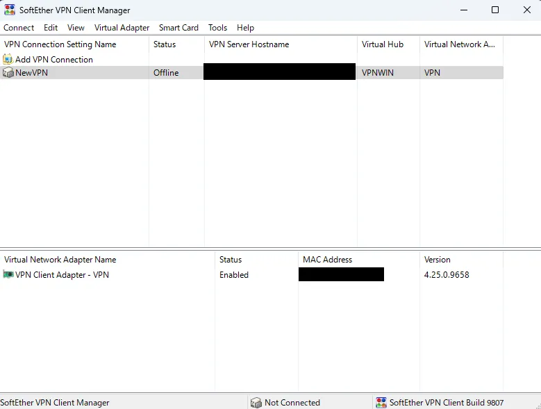 SoftEther VPN Client Managerで作成したVPN接続設定が登録された画面
