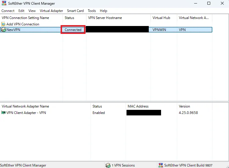 SoftEther VPN Client ManagerでVPN接続がConnectedになった状態の画面