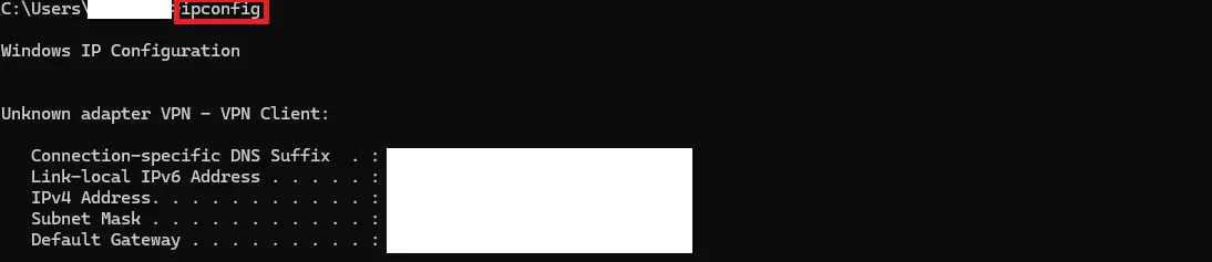 コマンドプロンプトでipconfigを実行しVPN Client Adapterが表示されている画面