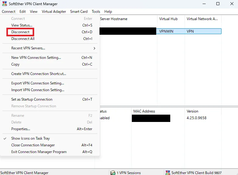 SoftEther VPN Client ManagerでDisconnectを選択してVPN接続を切断する画面