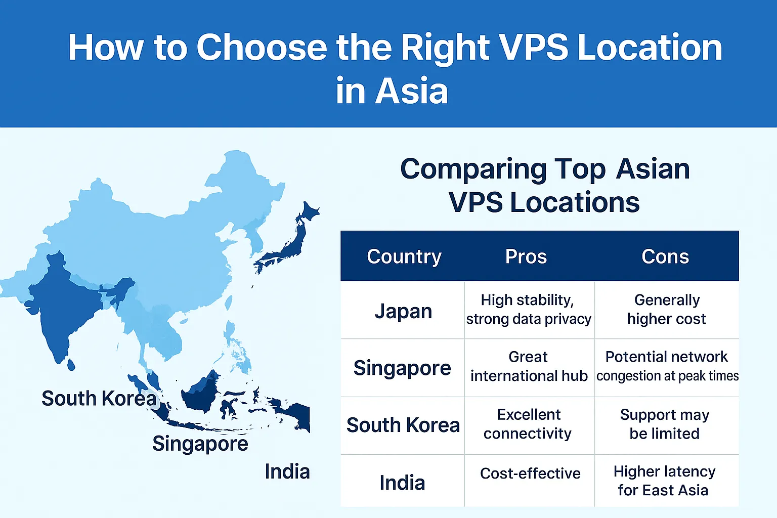 Infographic comparing VPS hosting locations in Asia, including Japan, Singapore, South Korea, and India with performance and compliance factors