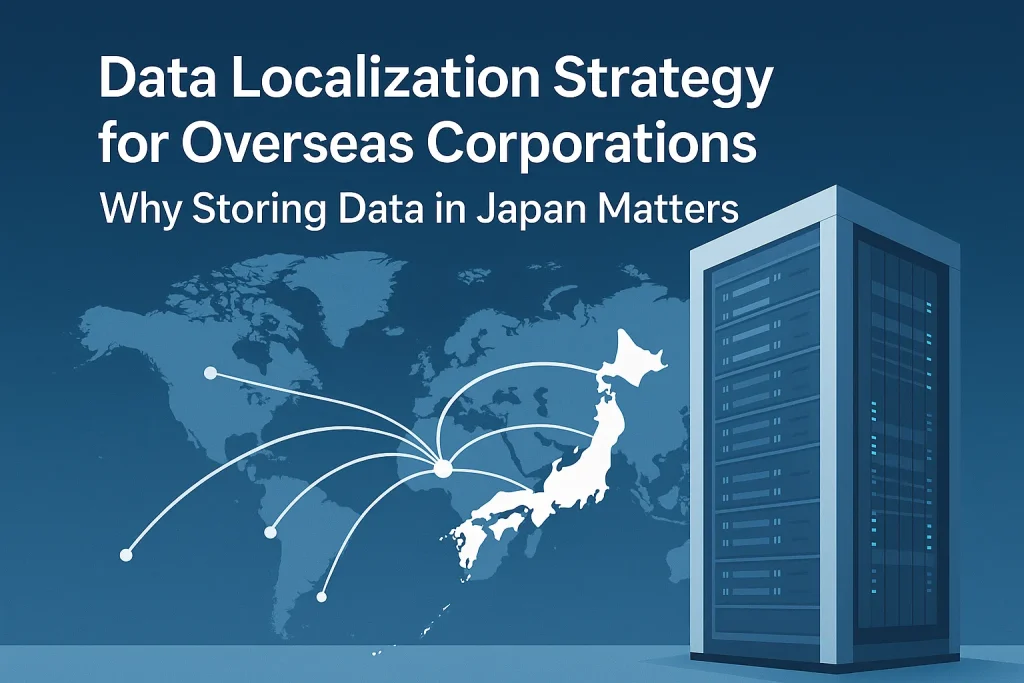 Data localization strategy in Japan for global corporations with Osaka data center and secure network connections visualized on a world map.