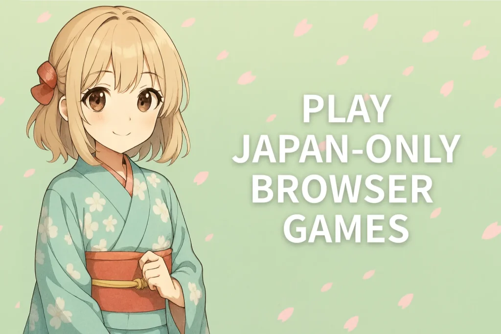 A girl in a light blue kimono with cherry blossom petals, promoting how to play Japan-only browser games with a Japan VPS.
