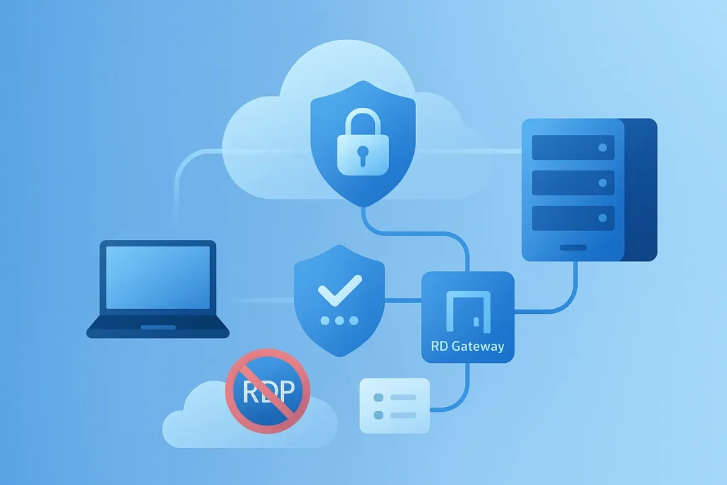 RDP security architecture with RD Gateway and MFA protecting Windows servers
