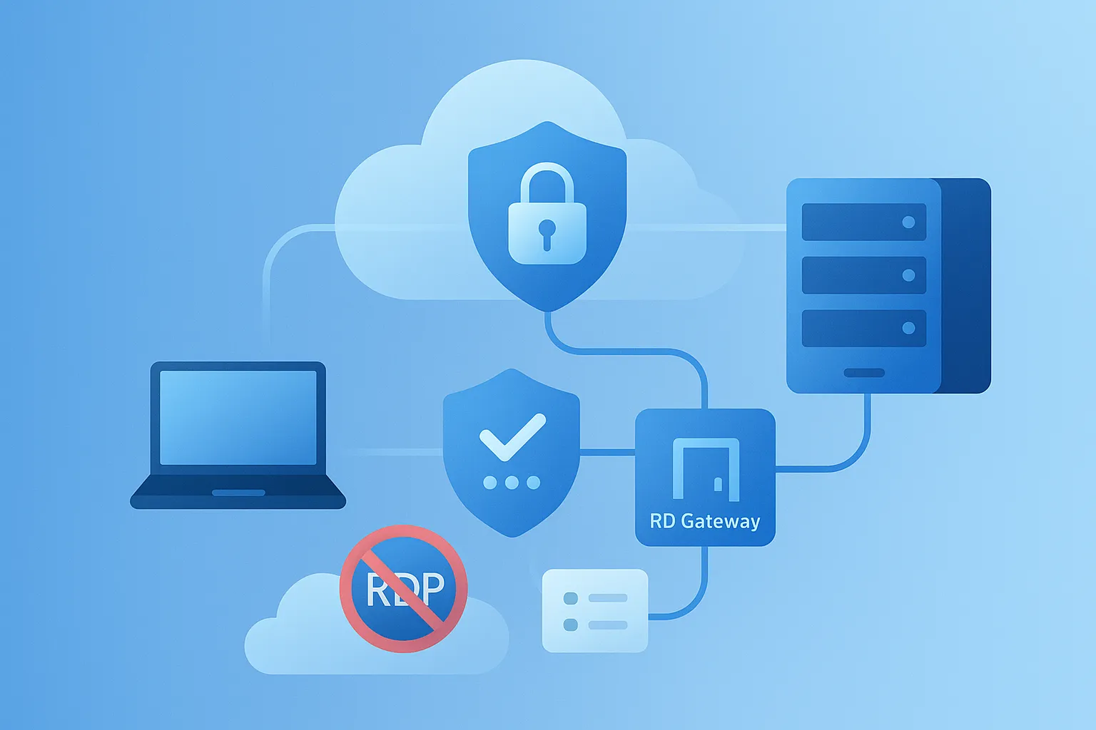 RDP security architecture with RD Gateway and MFA protecting Windows servers