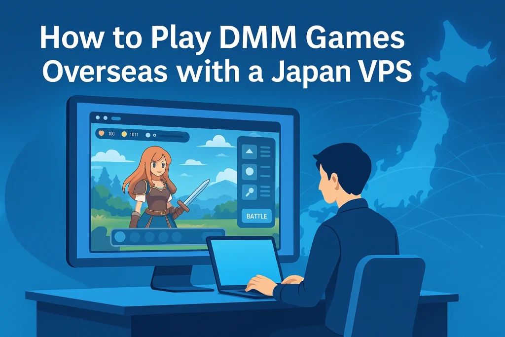 A gamer using Remote Desktop to connect to a Japan VPS and play DMM browser games from overseas with a Japanese IP address.