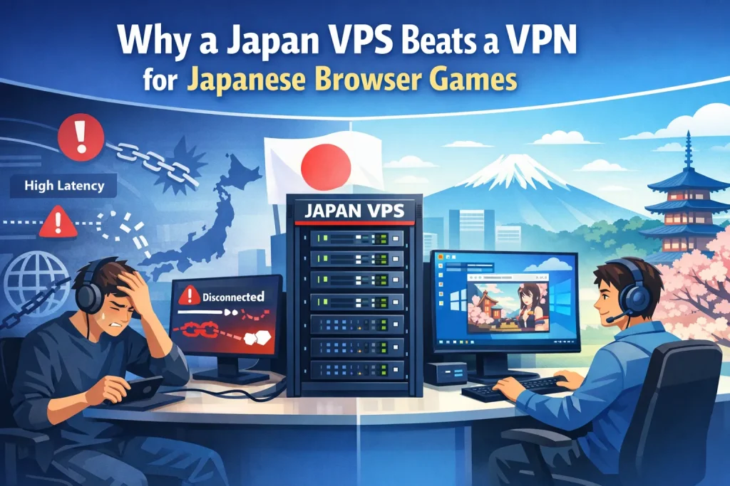 Overseas gamer playing Japanese browser games smoothly via a Japan VPS with a native Japan IP address.