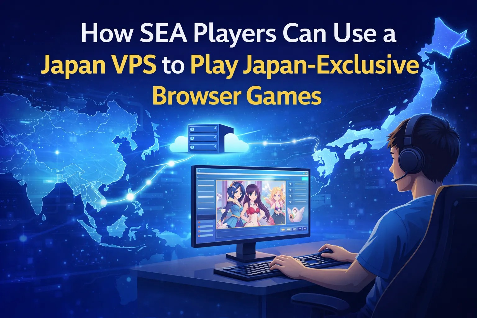 SEA player using a Japan VPS and remote desktop to enjoy Japan-exclusive browser games on DMM with a stable low-latency connection.