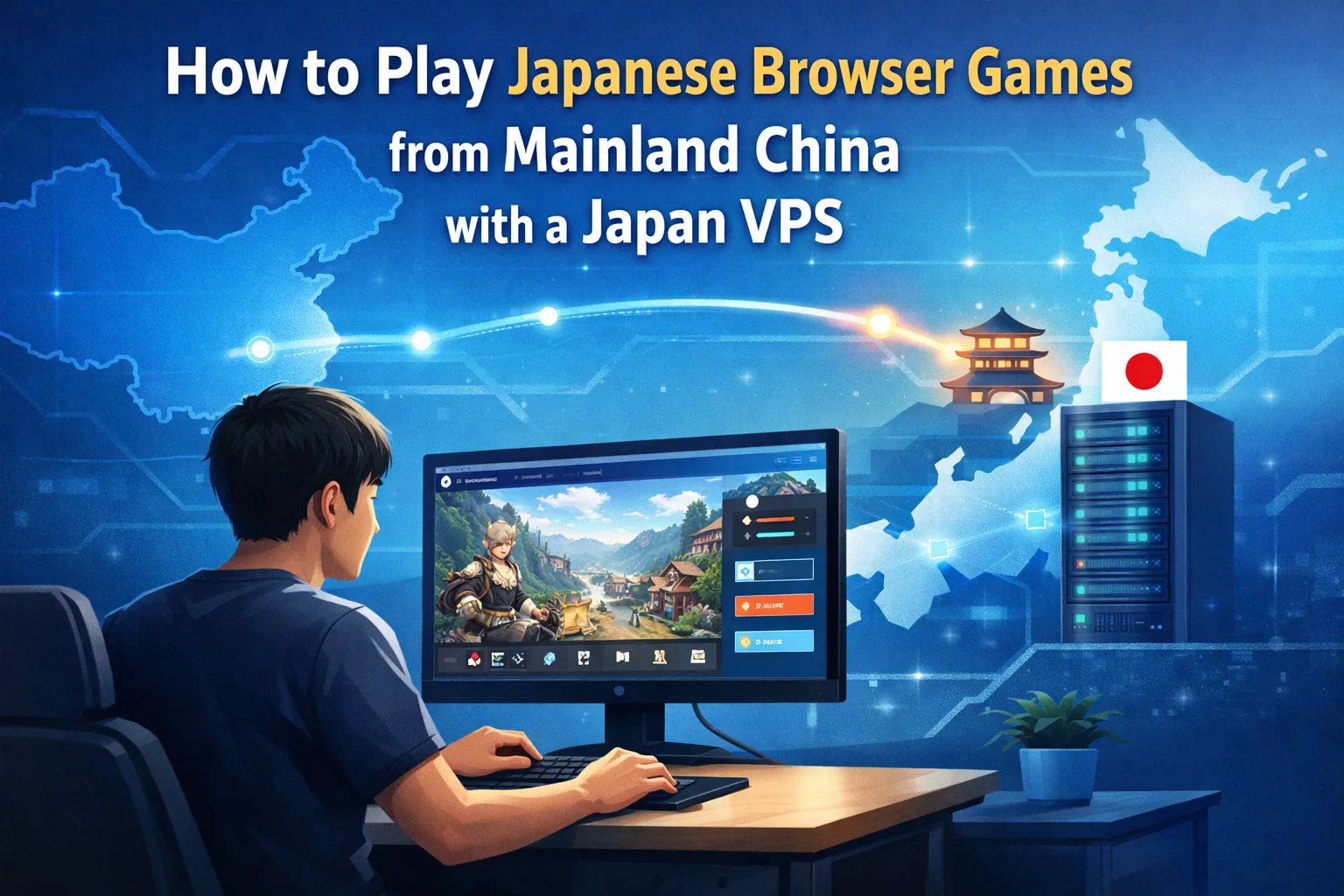 Player in mainland China using a Japan VPS remote desktop to enjoy Japanese browser games like DMM titles with a stable, low-latency connection.