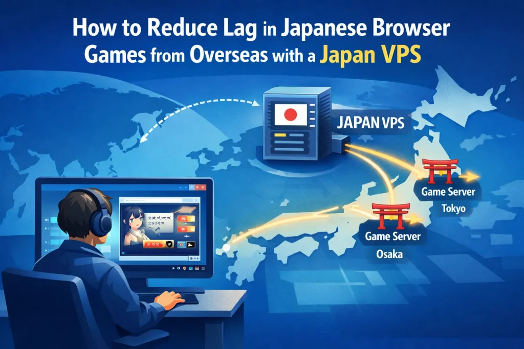 A gamer connecting to Japanese browser games through a Japan VPS, with icons representing network optimization for lower latency.