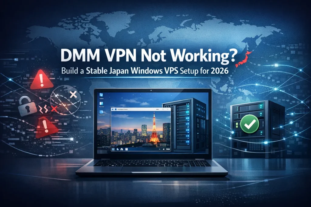 Illustration of an overseas gamer accessing DMM Games through a Japan Windows VPS and remote desktop for a clean, stable Japan-based setup.