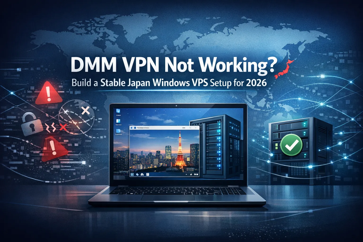 Illustration of an overseas gamer accessing DMM Games through a Japan Windows VPS and remote desktop for a clean, stable Japan-based setup.