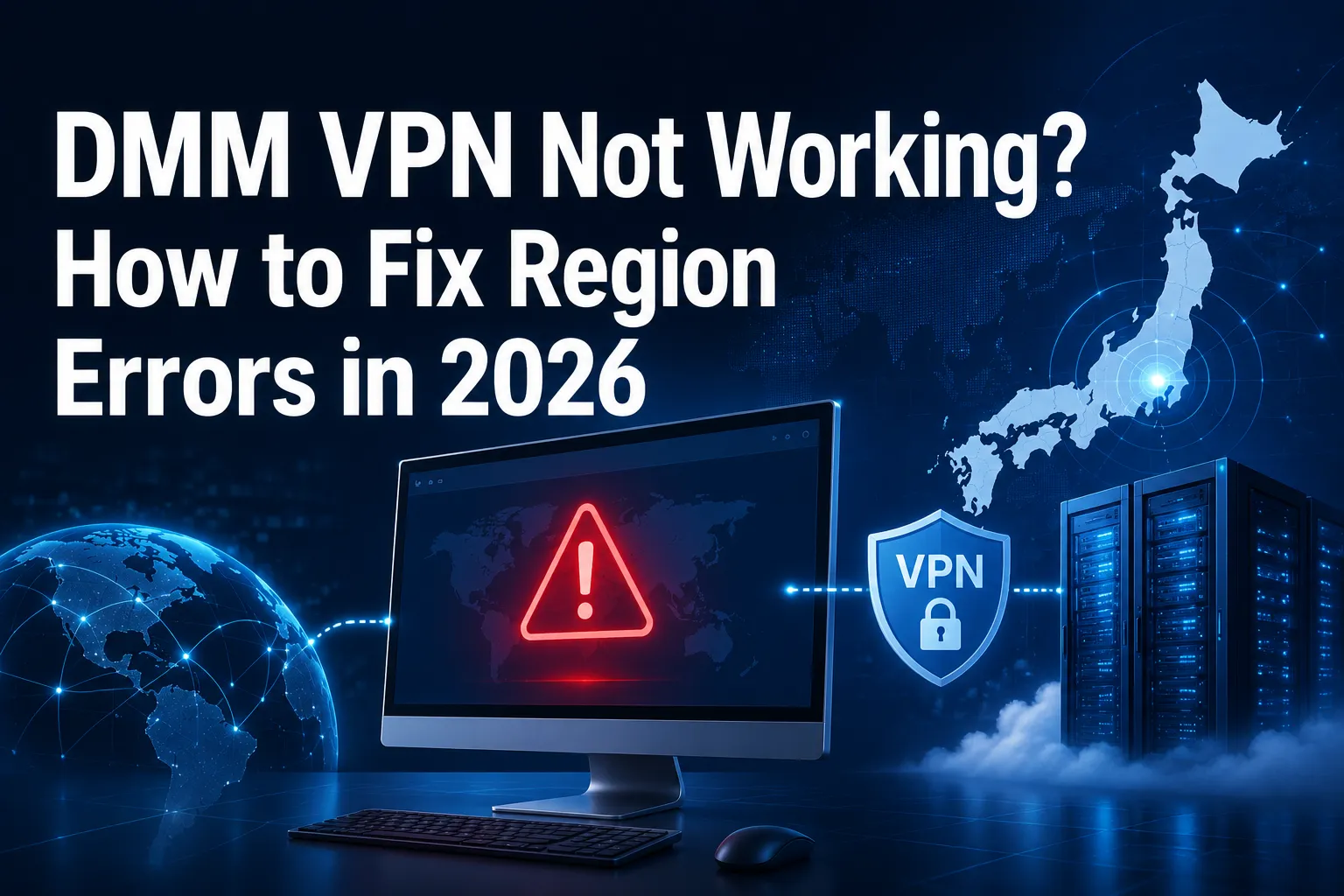 DMM VPN region error troubleshooting with a Japan map, VPN connection, and remote server environment.