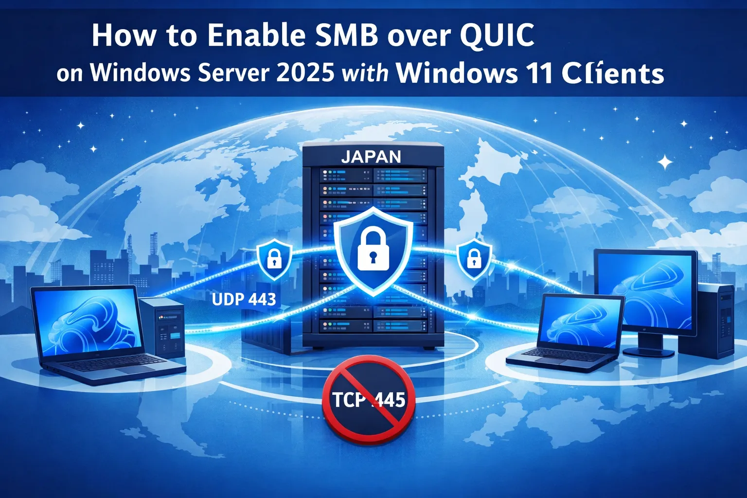 Illustration of secure SMB over QUIC file sharing from Windows 11 clients to a Windows Server 2025 file server hosted on a Japan Windows VPS over UDP 443.