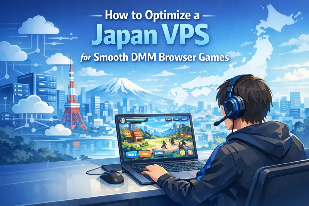 A player enjoying smooth DMM browser games on a Japan VPS after optimizing RDP, Windows, and browser settings.