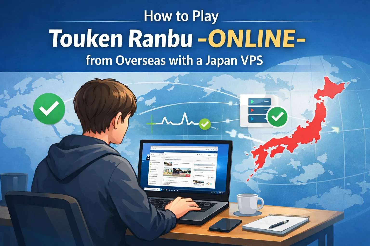 Overseas player accessing Touken Ranbu -ONLINE- via a Japan VPS remote desktop hosted in a Japanese data center.