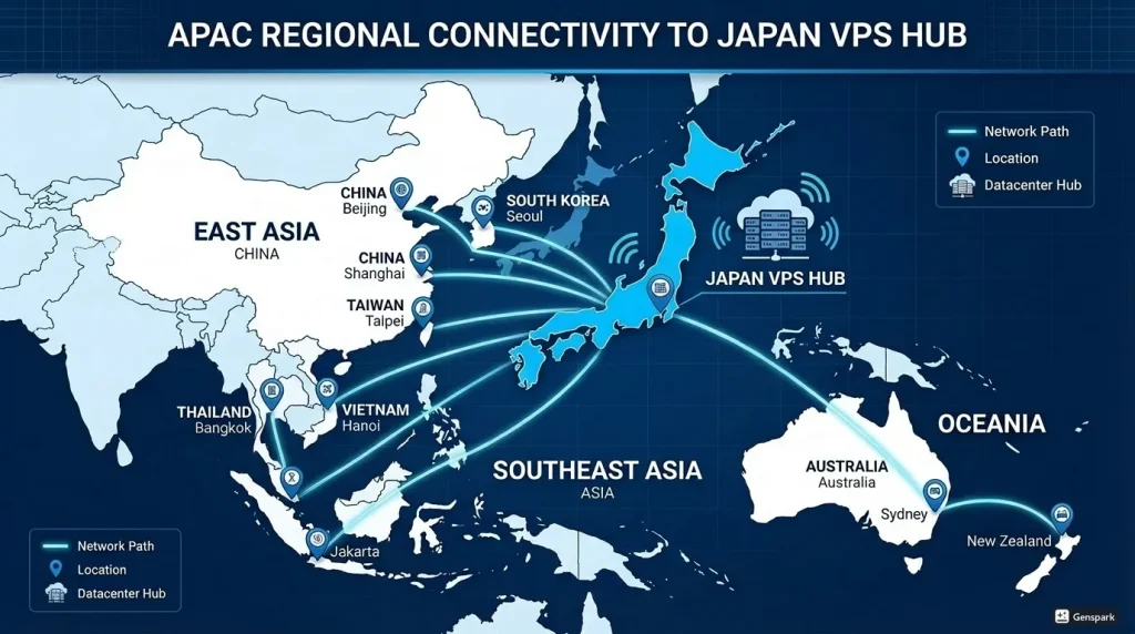 Map showing APAC regional connectivity to a Japan-based VPS hub for AI development teams across East Asia, Southeast Asia, and Oceania