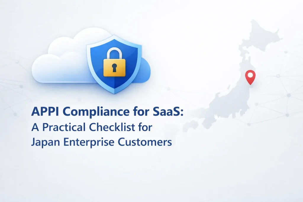 A clean illustration of cloud and lock icons with the title “APPI Compliance for SaaS” representing Japan-focused privacy and security readiness.