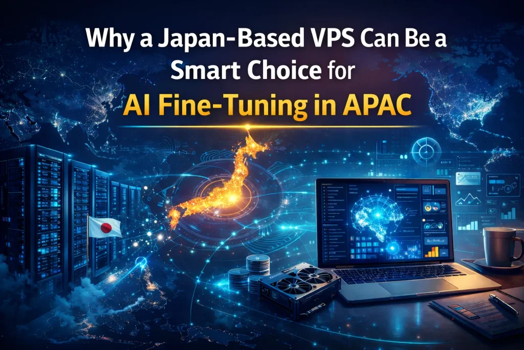 Illustration of AI fine-tuning infrastructure in Asia-Pacific with a Japan-based VPS, regional connectivity, and development workflow elements.