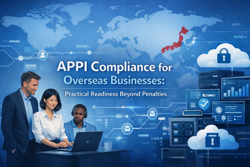 Illustration of overseas business teams reviewing APPI compliance, data flows, and Japan-hosted infrastructure for Japan-facing operations.