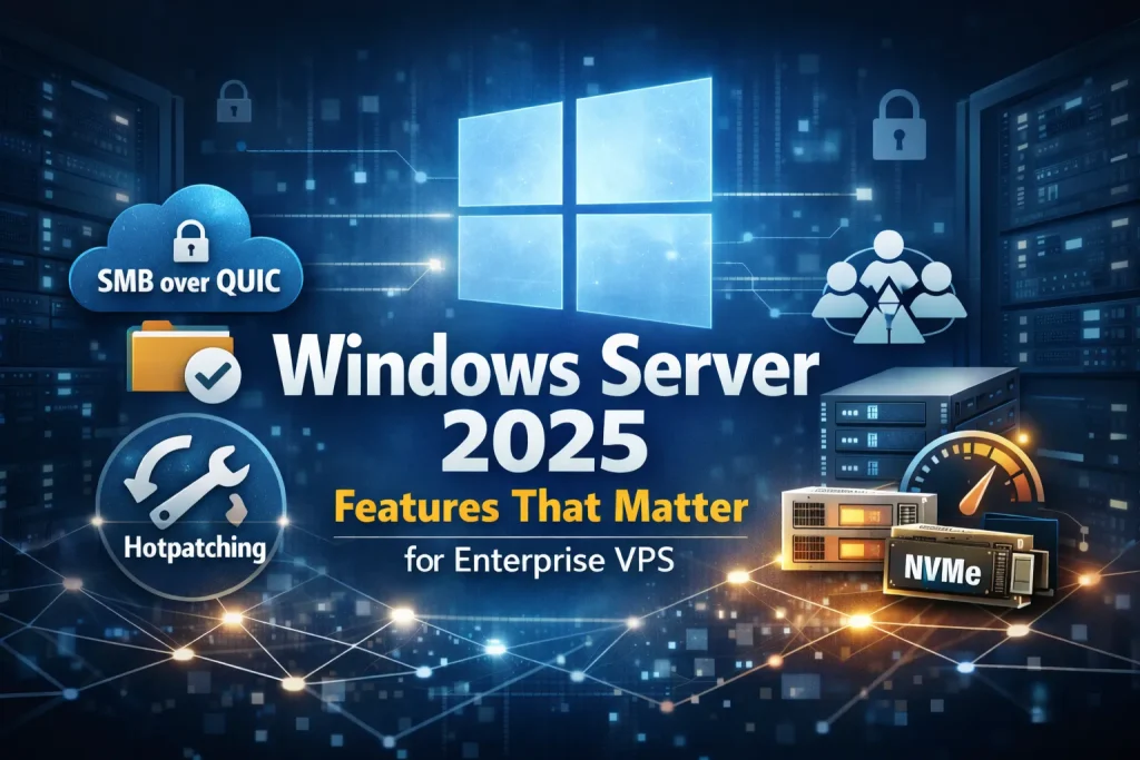 Featured image for a Windows Server 2025 Enterprise VPS article, showing secure remote access, Hotpatch, storage performance, and Japan-based Windows VPS infrastructure.