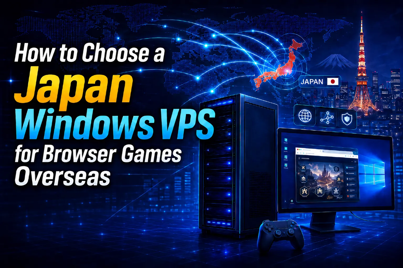 Featured image showing a Japan Windows VPS for browser games overseas with global network connections, a server, and a Windows desktop environment.