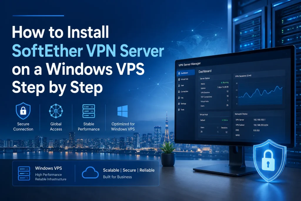 A blue-toned featured image showing a Windows VPS dashboard and secure SoftEther VPN Server setup for step-by-step installation.
