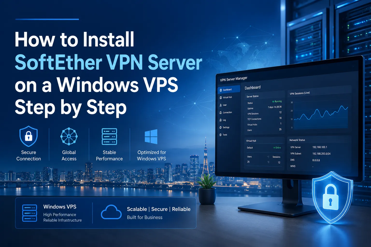 A blue-toned featured image showing a Windows VPS dashboard and secure SoftEther VPN Server setup for step-by-step installation.