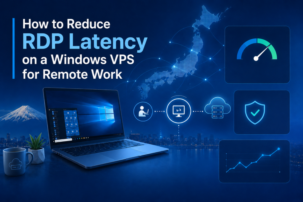 A featured image showing a remote work setup connected to a Windows VPS with visuals representing lower RDP latency and improved responsiveness.