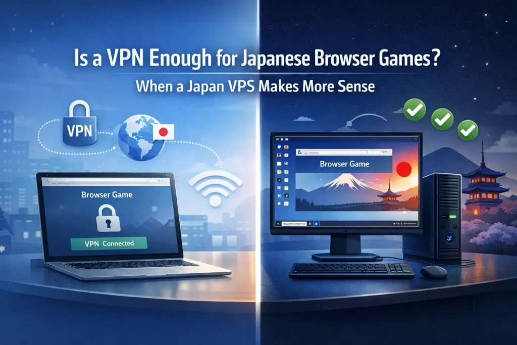 A split-screen comparison of a VPN and a Japan Windows VPS for Japanese browser games, highlighting casual access on one side and a stable long-term remote desktop environment on the other.