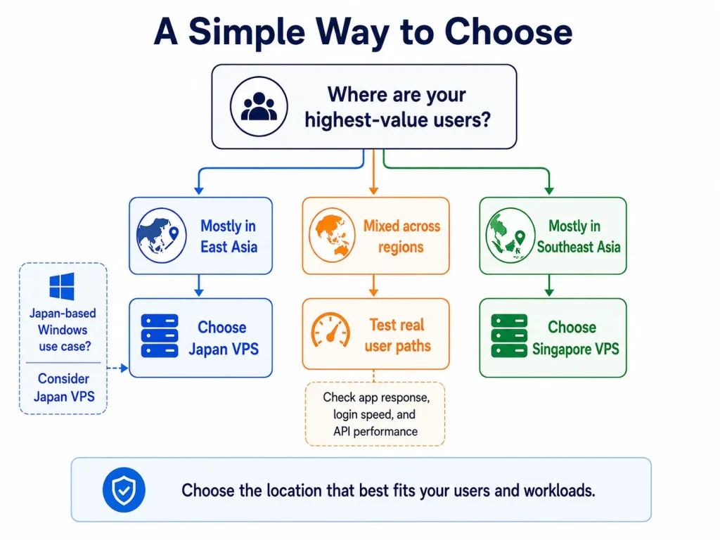 Decision chart showing when to choose Japan VPS, Singapore VPS, or test real user paths based on user location