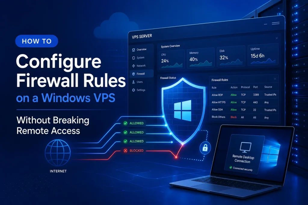 Illustration of a Windows VPS firewall dashboard showing secure remote access, controlled traffic rules, and protected administrative connections.