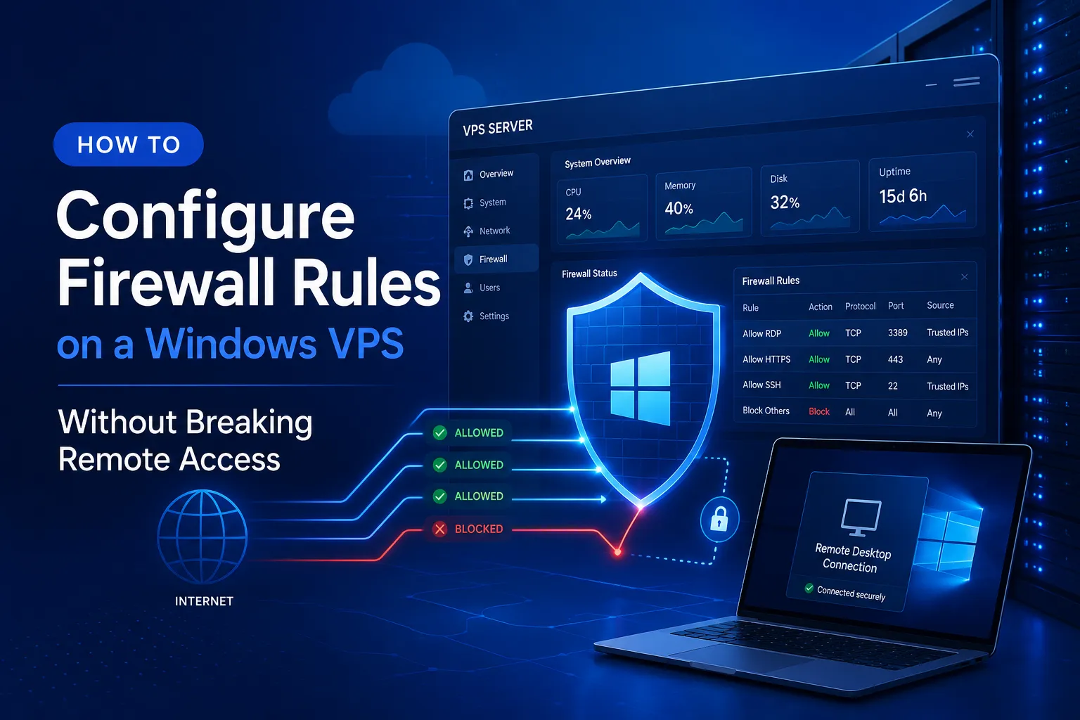 Illustration of a Windows VPS firewall dashboard showing secure remote access, controlled traffic rules, and protected administrative connections.