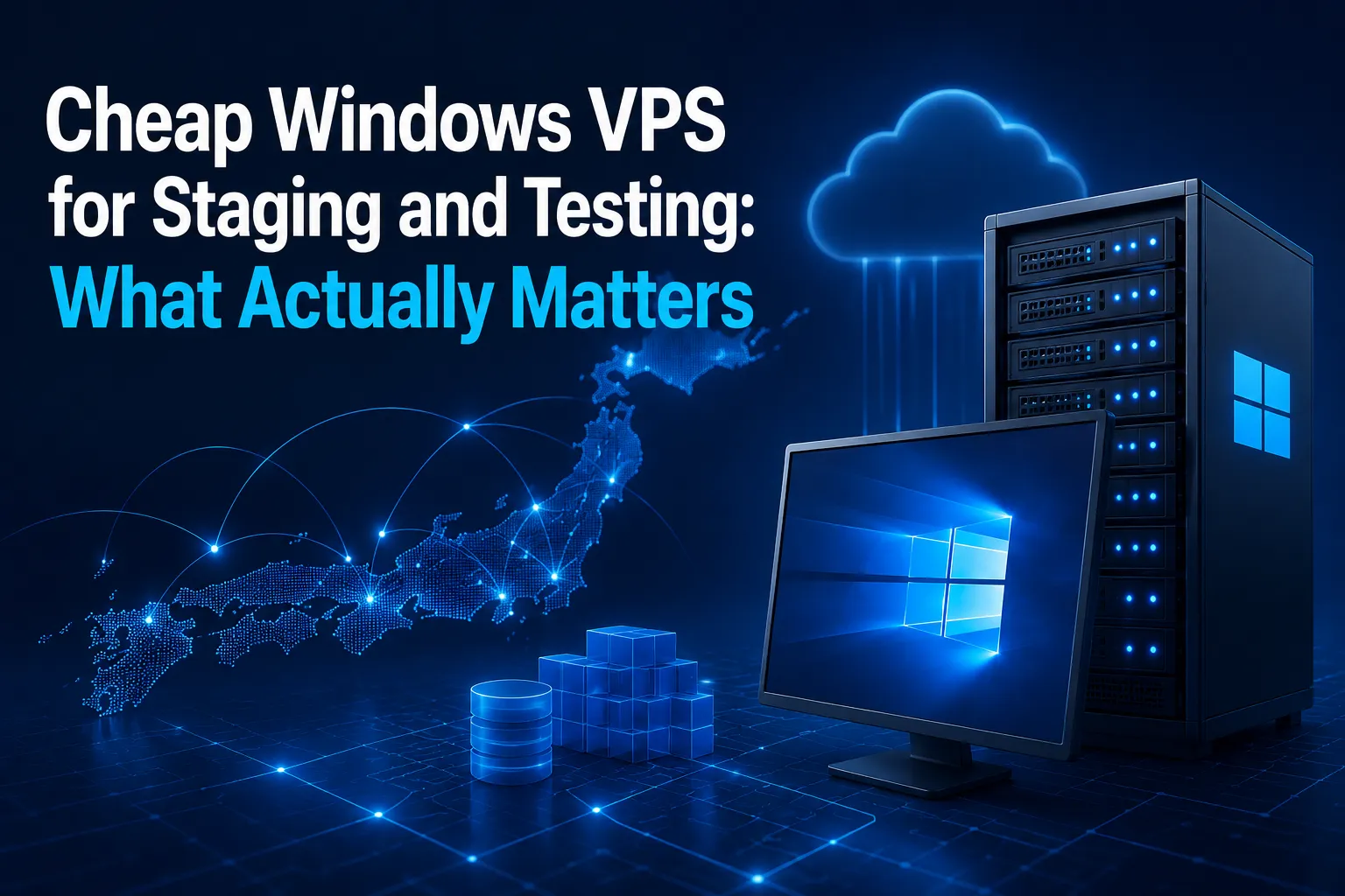 Featured image for an article about choosing a cheap Windows VPS for staging and testing with Japan-focused validation