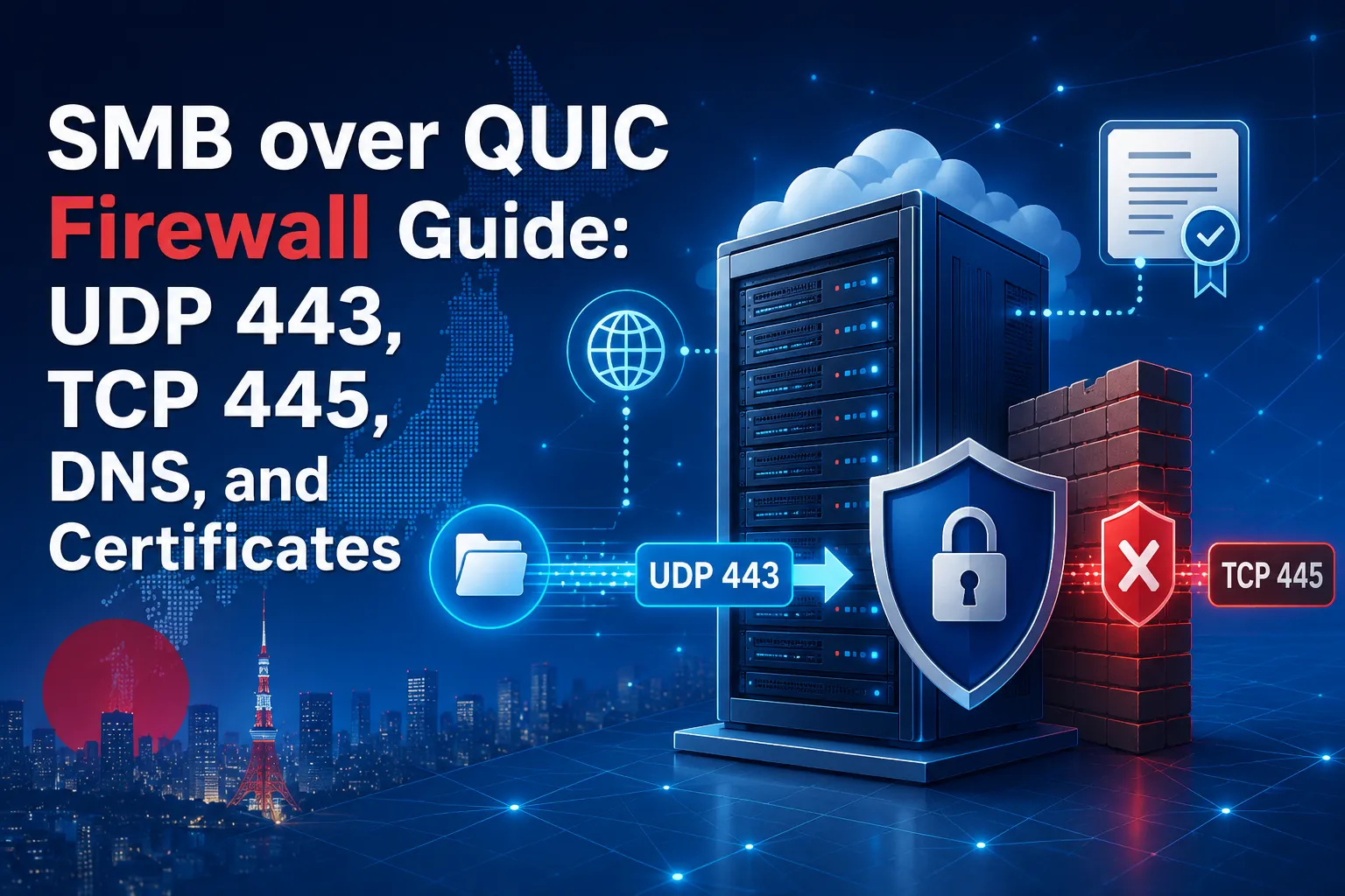 Illustration of SMB over QUIC using UDP 443 for secure file access to a Japan-based Windows server while TCP 445 is blocked by a firewall.