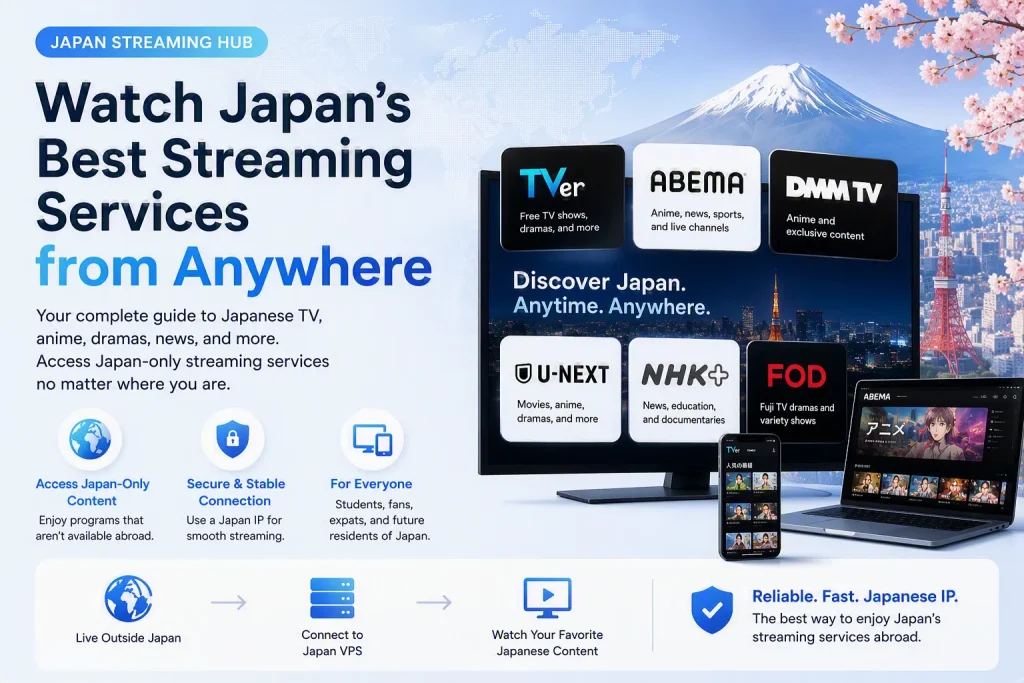 Guide to Japanese streaming services including TVer, ABEMA, DMM TV, U-NEXT, NHK+, and FOD for viewers outside Japan.