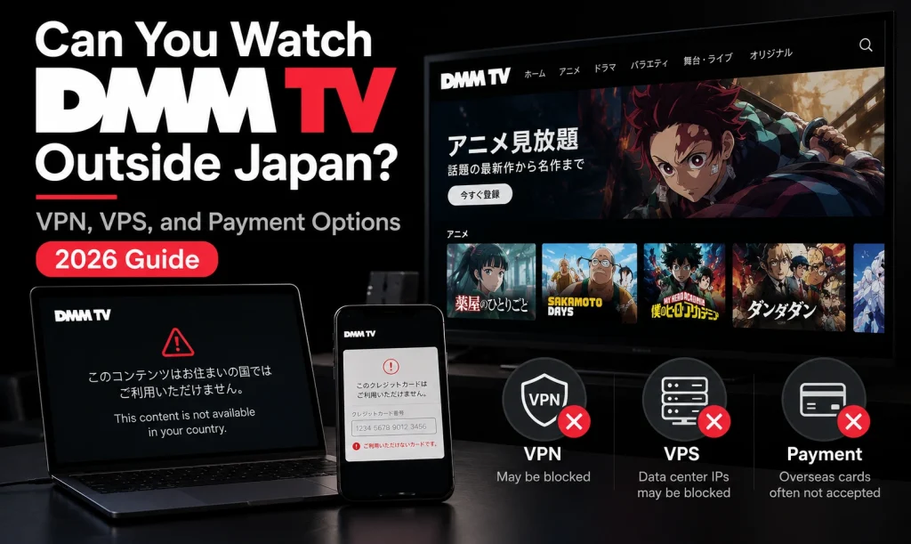 DMM TV outside Japan guide showing regional access restrictions, VPN and VPS limitations, and overseas payment issues
