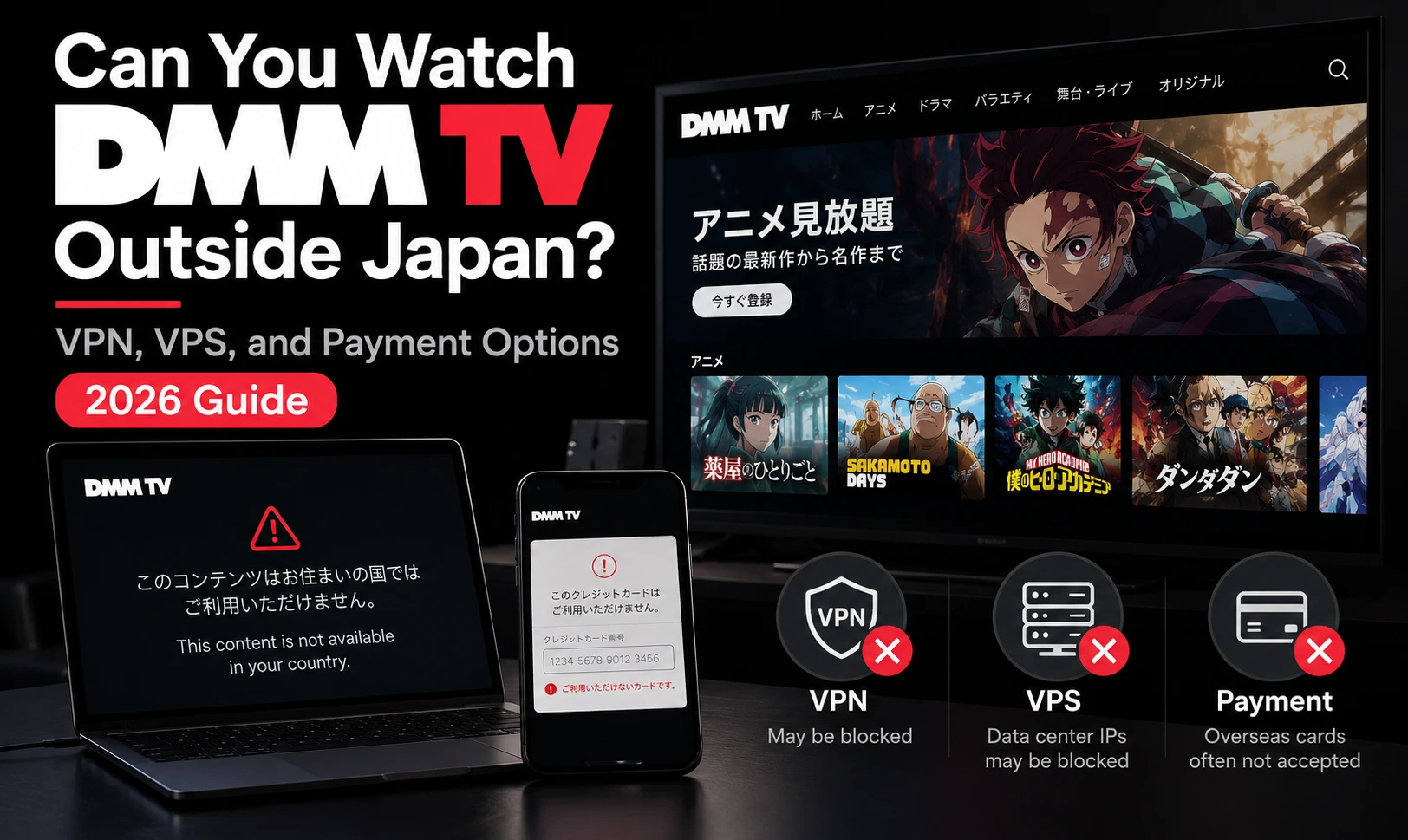 DMM TV outside Japan guide showing regional access restrictions, VPN and VPS limitations, and overseas payment issues